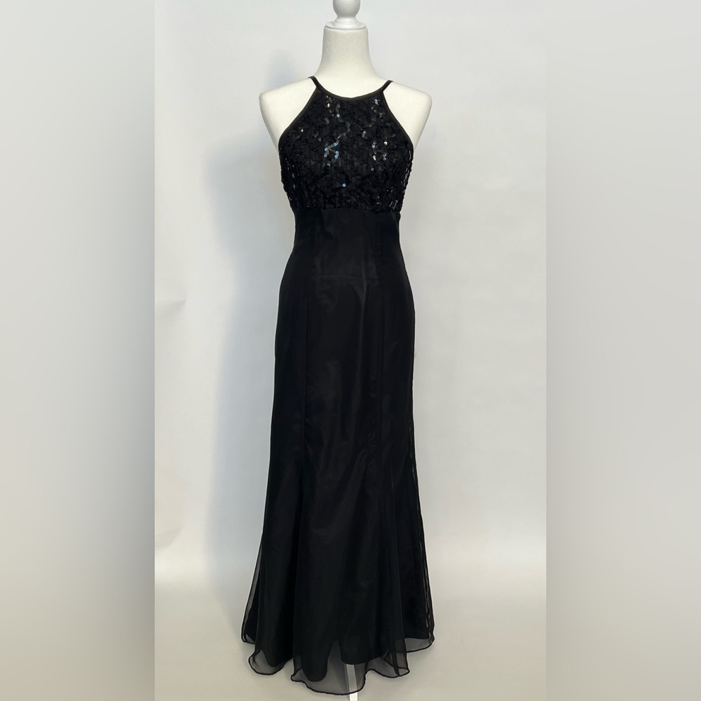 Women’s vintage Y2K Halter Empire Whimsy Goth Black Sequin Gown sz 3/4 USA Made